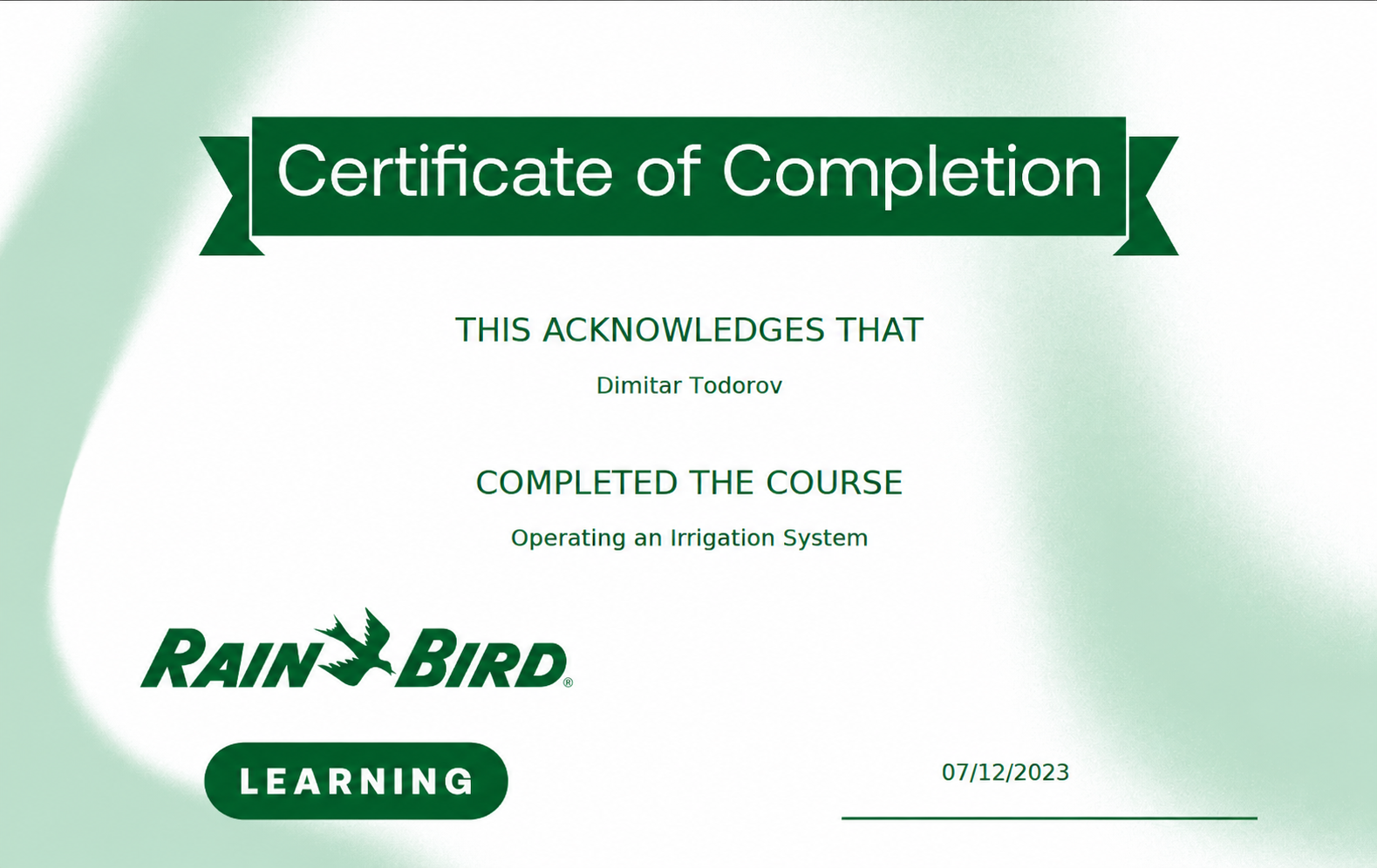 Rain Bird University Operating an Irrigation System Certificate